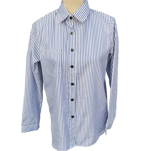 Blue & White Stripe Button Front Stretch Shirt Top Blouse (6) - Picture 3 of 12